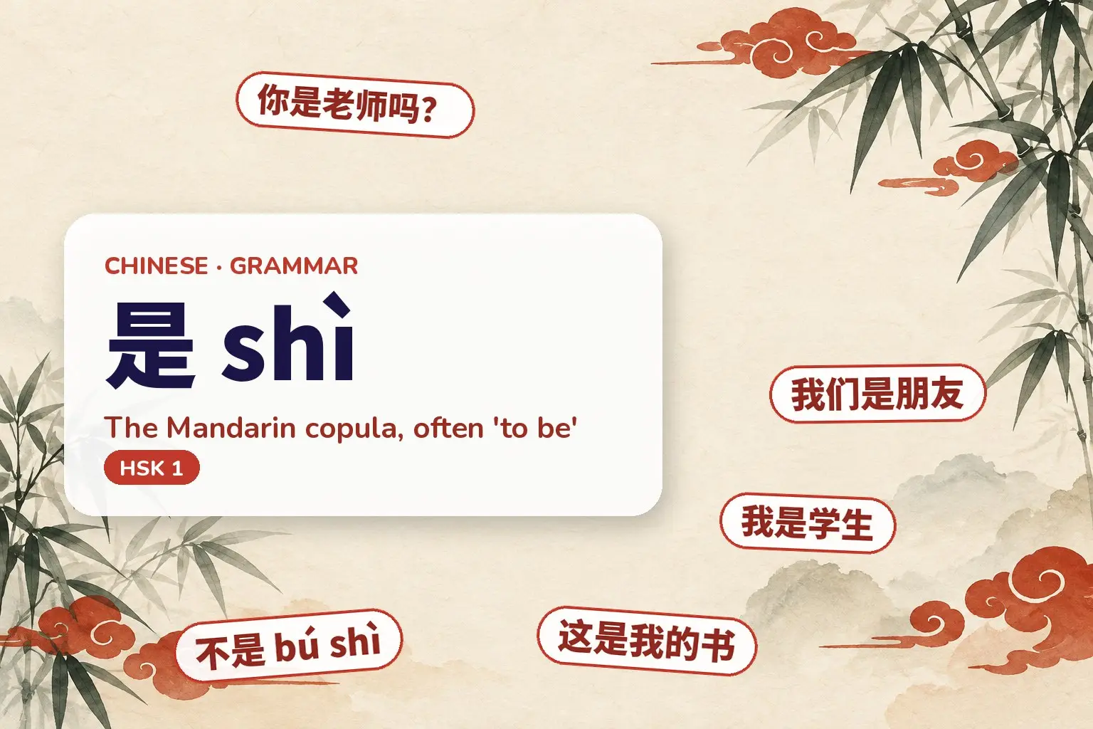 Cover: 是 shì — 'To be' in Mandarin, with examples: 我是学生, 不是 bú shì, 你是老师吗？, 这是我的书