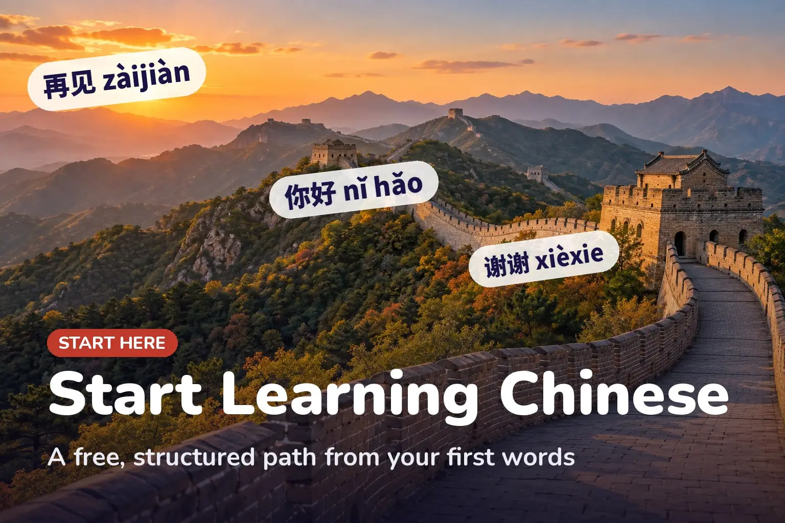Cover: Start Learning Chinese — A free, structured path from your first words, with examples: 你好 nǐ hǎo, 谢谢 xièxie, 再见 zàijiàn