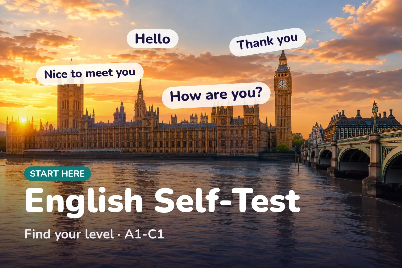 Cover: Start English self-test — find your level from A1 to C1, with sample greetings: Hello, Thank you, How are you?, Nice to meet you