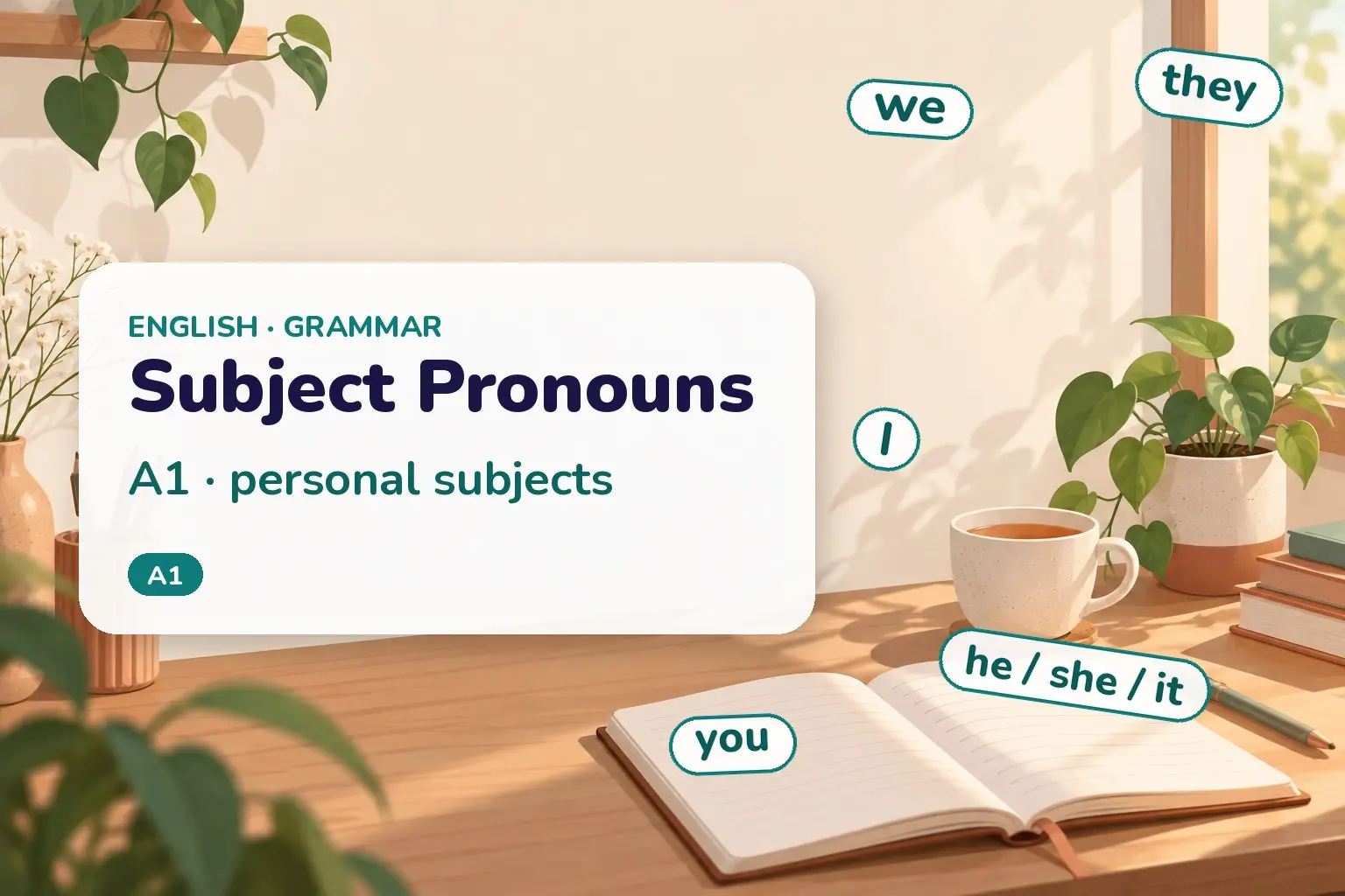 Cover: I · you · he · she · it · we · they — English subject pronouns, with examples: I am here, She is a nurse, It is raining, They are friends