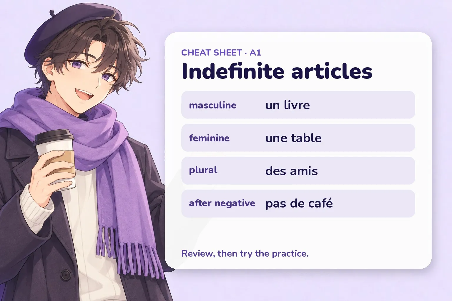 Recap card for the French indefinite-articles lesson with the key forms and a friendly study buddy