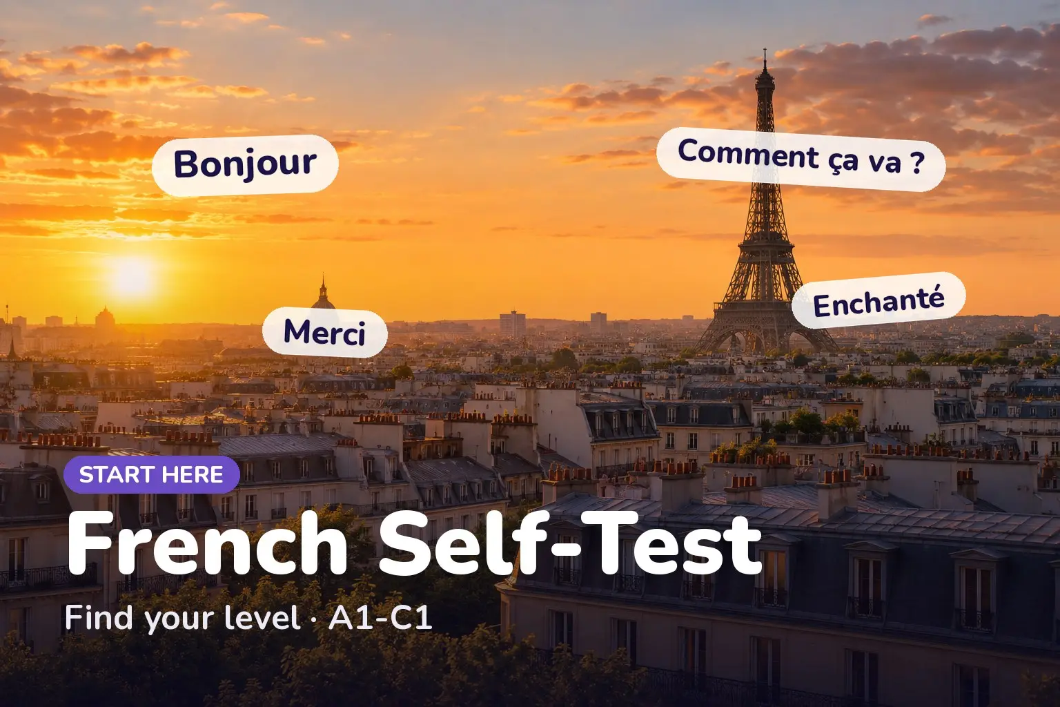 Cover: Start French self-test — find your level from A1 to C1, with sample greetings: Bonjour, Merci, Comment ça va ?, Enchanté
