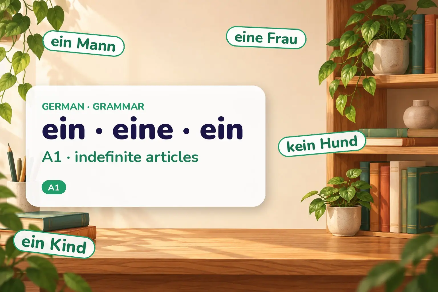 Cover: ein · eine · ein — German indefinite articles by gender, with examples: ein Mann, eine Frau, ein Kind, kein Hund
