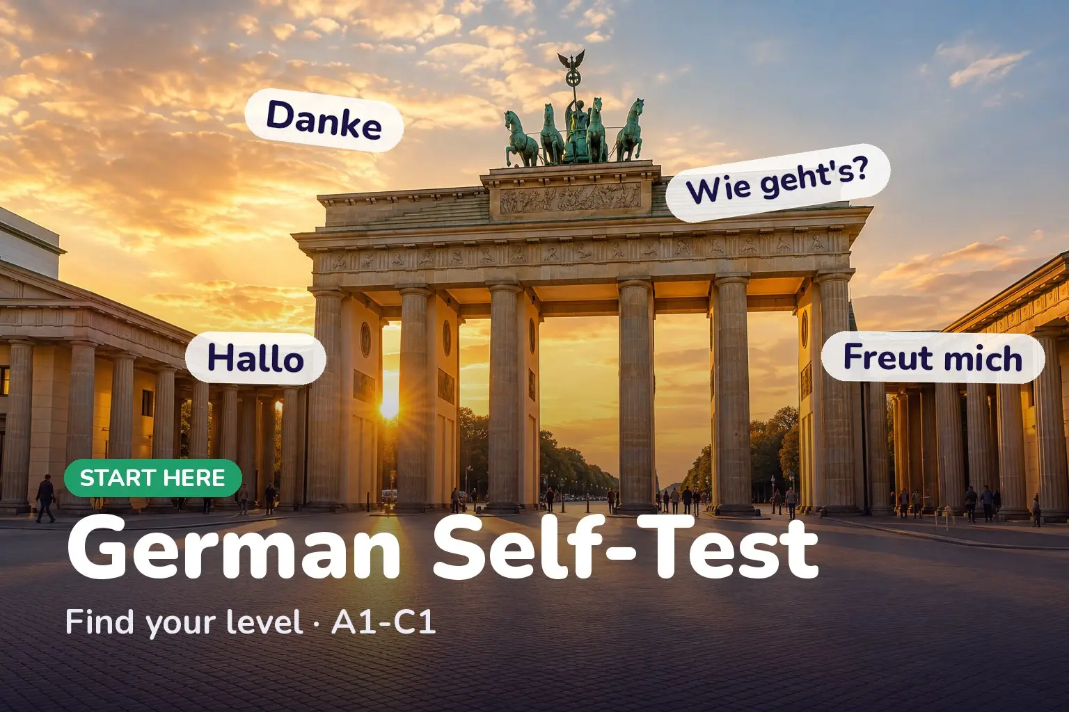 Cover: Start German self-test — find your level from A1 to C1, with sample greetings: Hallo, Danke, Wie geht's?, Freut mich