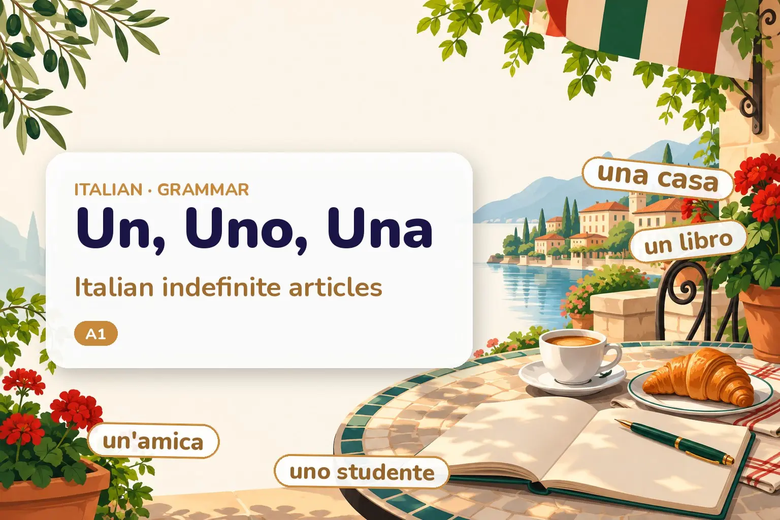 Cover: Italian indefinite articles un, uno, una and un' with example nouns