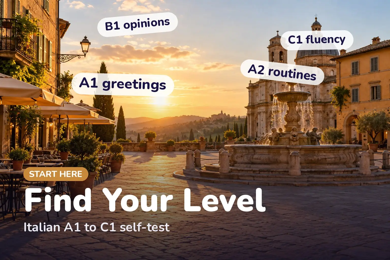 Cover: Italian level self-test from A1 to C1, a checklist to find your starting point