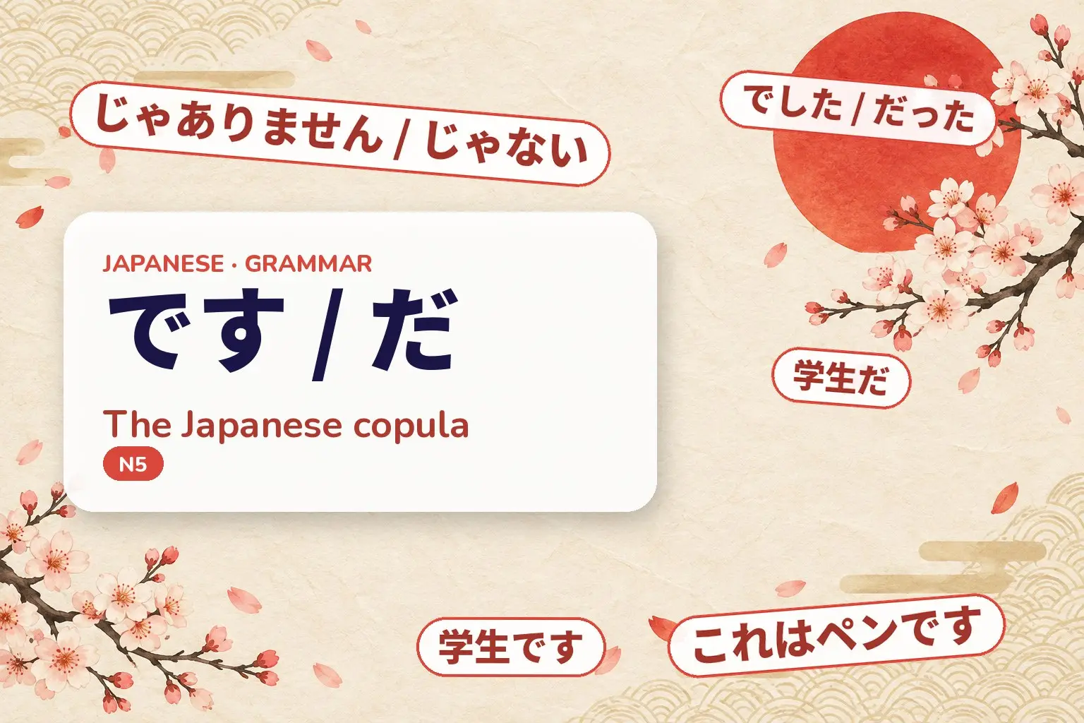 Cover: です / だ — The Japanese copula, with examples: 学生です, 学生だ, でした / だった, じゃありません / じゃない