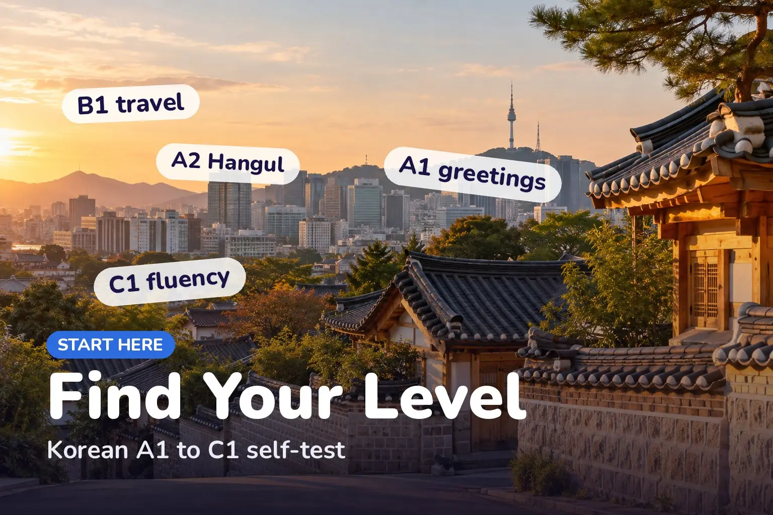 Cover: Korean level self-test from A1 to C1, a checklist to find your starting point