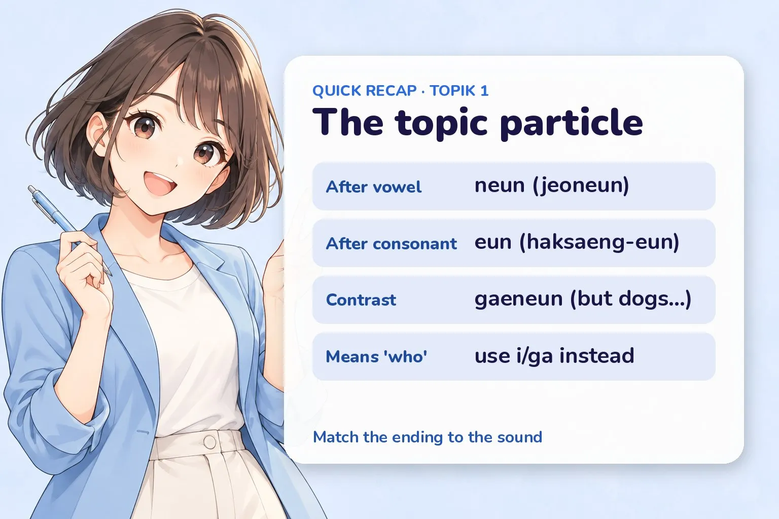 Recap card for the Korean topic particle eun neun with the key patterns and a friendly study buddy