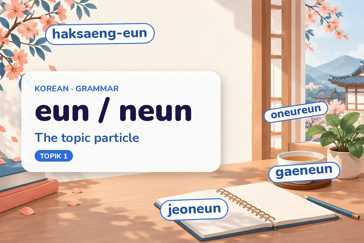 Cover: the Korean topic particle eun neun with example sentences and readings