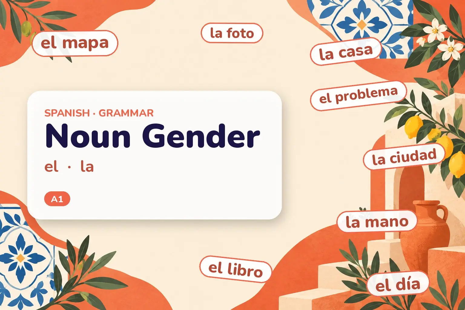 Cover: Noun Gender — el  ·  la, with examples: el libro, la casa, el problema, la mano