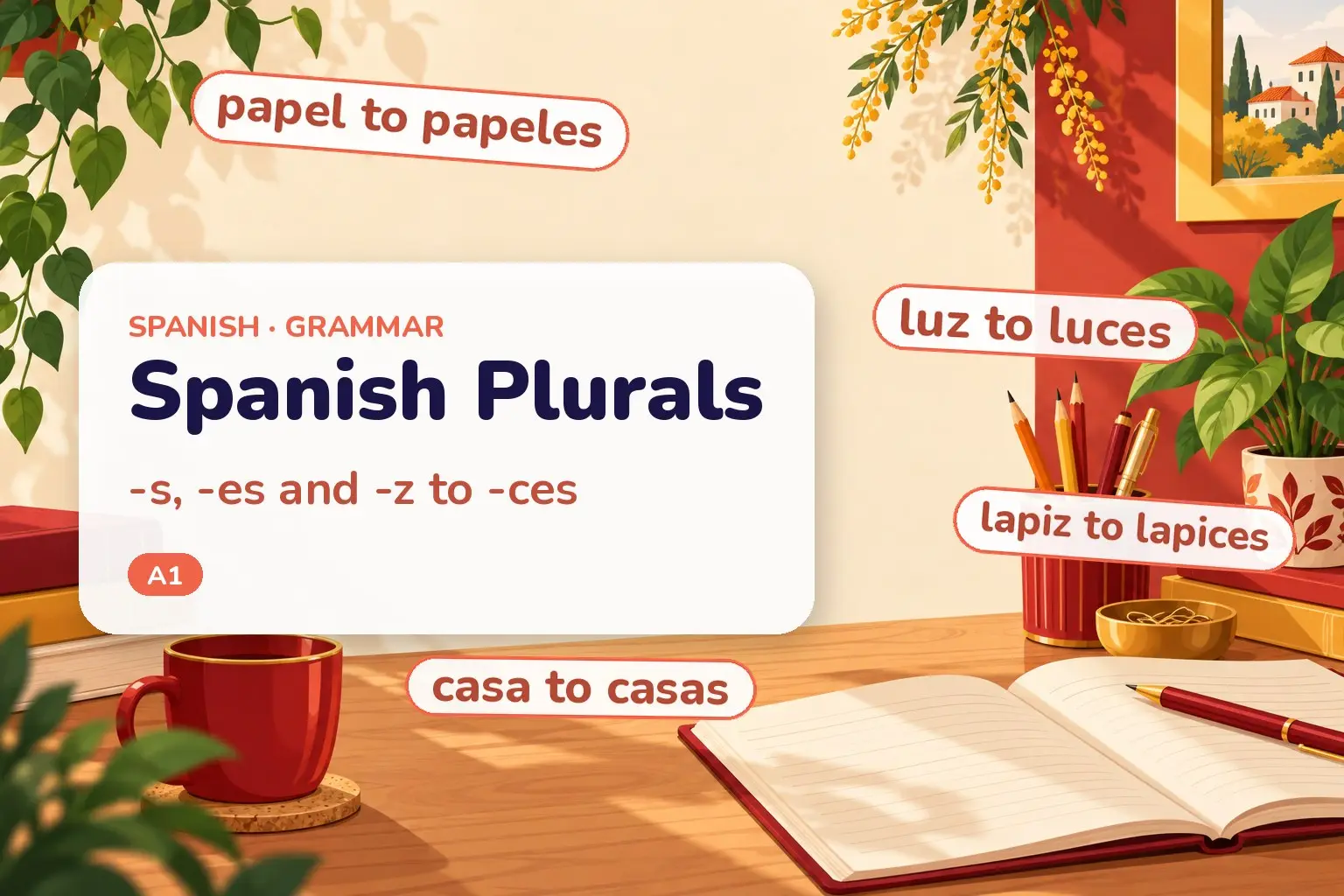 Cover: Spanish plurals with examples casas, papeles, lapices and canciones