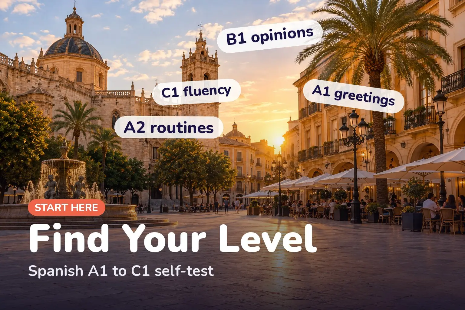 Cover: Spanish level self-test from A1 to C1, a checklist to find your starting point